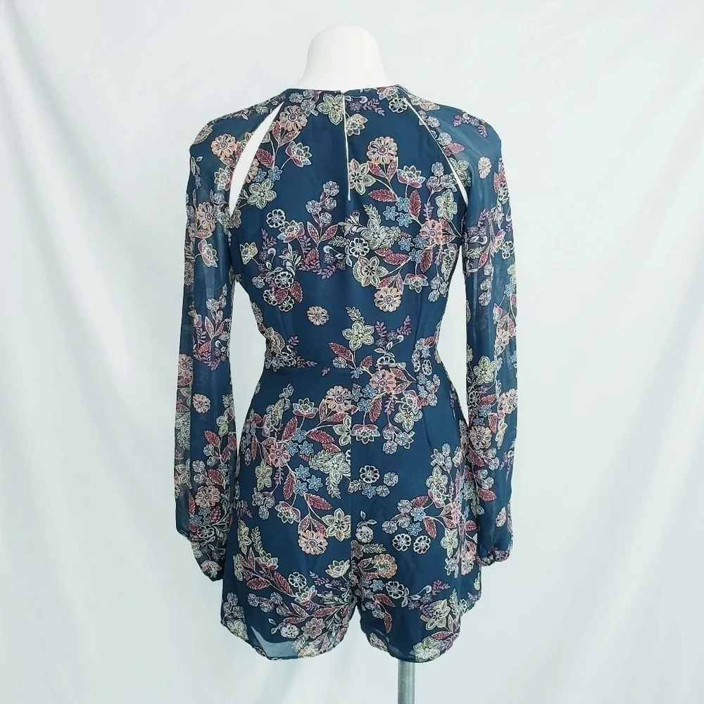 Line + Dot Floral Romper w/Sheer Long Sleeves Blue Multi - Picture 5 of 12